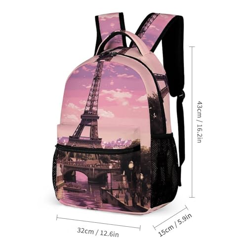 Pink Paris Backpack Set Lightweight Bag Lunch Box Pencil Bags for Women Men Bookbags 3 in 12