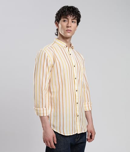 Image of TURMS Men's Casual Striped Linen Shirt | Water Repellent | Anti Stain Anti Odor | Kansas Linen | Concealed Button Down Collar | Full Sleeves