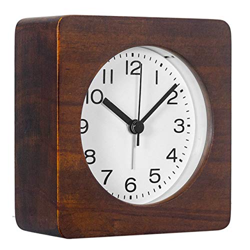 Aromustime 3-Inches Square Wooden Alarm Clock With Arabic Numerals, Non-Ticking Silent, Backlight, Battery Operated, Brown #TOP8