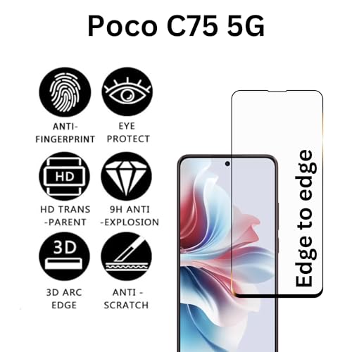 Image of compatible with Poco C75 5G Tempered Glass [with warranty] screen protector guard Full Edge to Edge 9H Full Glue FHD with Easy Installation kit (compatible with Pococ75 / c 75)