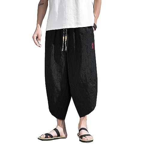 Seidarise Men's Japanese Kimono Traditional Beach Pants Linen Capri Summer Harem Shorts Wide Leg Cropped Pant