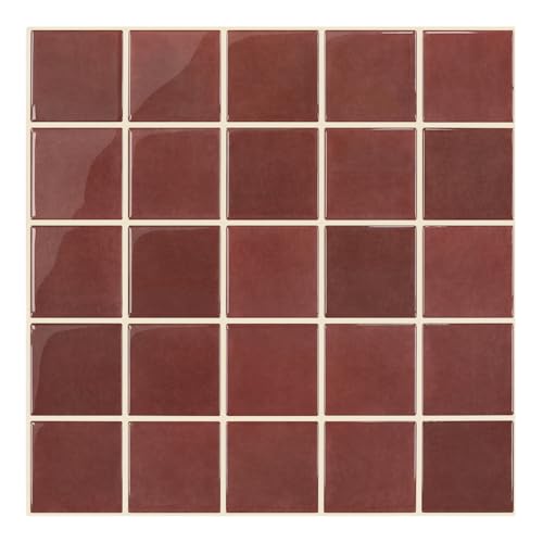 SMOOSTIKC Thicker Dark Red Peel and Stick Backsplash Tiles-10 pcs of 12 x 12-3D Adhesive Glossy Square Panels Stick on Backsplash Tiles for Kitchen Bathroom Vinyl Waterproof Interior Wall Tiles