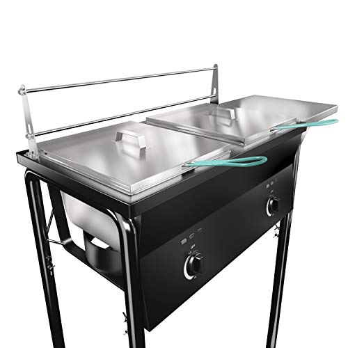 Bioexcel taco cart Outdoor Two Tank Fryer compatible with Propane Gas Tanks, comes with 2 Baskets & Stainless Steel Oil Tank