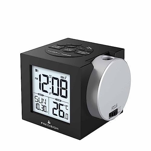 Precision radio controlled projection alarm clock black projection indicator, snooze indicator, 12 hr format with PM indicator, Alarm, indoor temp Clock AP057
