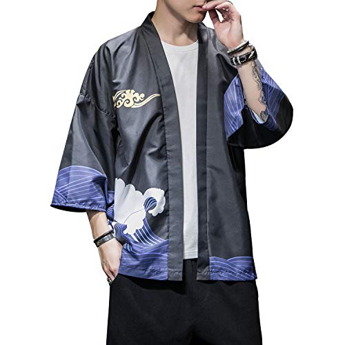 Image of PRIJOUHE Men's Japanese Kimono Cardigan Jackets Casual Long Sleeve Open Front Coat Lightweight Yukata Outwear