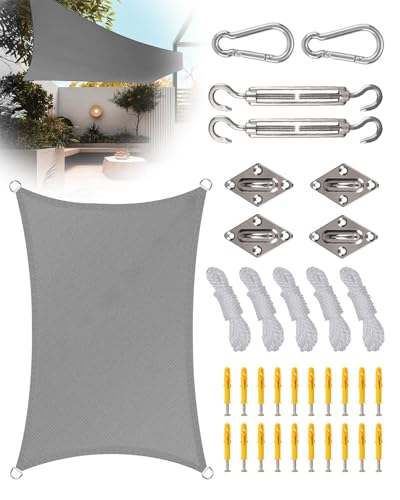 2M*3M Sun Shade Sail Waterproof, Rectangle Sun Shades for Garden Outdoor Patio Backyard Party, Sun Canopy for Garden Rain Shelter Wind Shield 95% UV Block with Fixing Kit with Rope, Grey