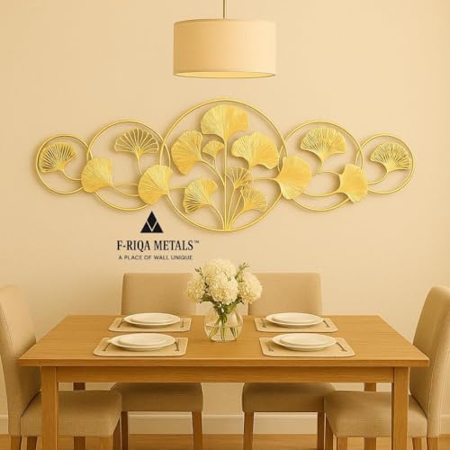 Image of F-RIQA METAL A PALACE OF WALL UNIQUE Golden Leaf Metal Wall Art for Living Room - 3D Designer Ginkgo Leaf Wall Decor with Circular Frame, Luxury Handcrafted Metal Wall Hanging for Home, Bedroom, Office & Hotel Interiors, Elegant Contemporary Wall Decoration, Premium Statement Wall Art Gift