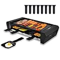 TAMARIT Raclette Table Grill for 8, 2 in 1 Small Swiss Style PFAS-No Nonstick Reversible Grill/Griddle Plate Adjustable Temperature Control 1300 W, 8 Raclette Cheese Pans Black