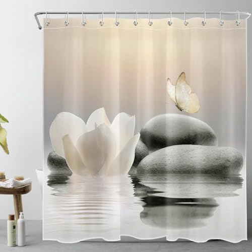 Rideau Douche Anti Moisissure Spa Zen en Pierre 3D Rideau de Douche 120x200cm Lavable en Machine Fleurs Beiges Rideaux Baignoire Tissu Polyester Imperméablee...