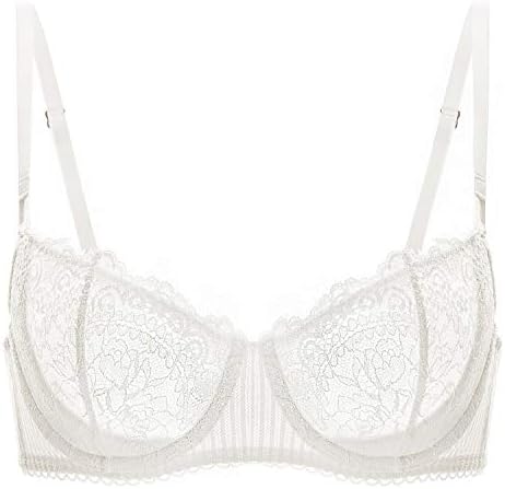 DOBREVA Women's Sexy Lace Push Up Plus Size Bra Sheer Balconette Underwire Unlined Ivory_Eyelash lace 38C