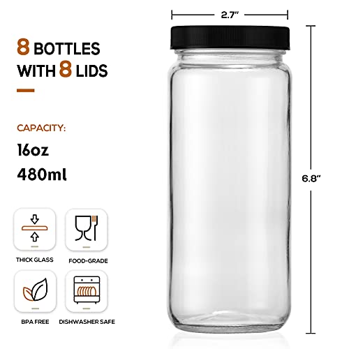 Aozita Z59-8BGZ [ 8 Pack ] Glass Juicing Bottles With 2 Straws & 2 Lids W Hole- 16 Oz Travel Drinking Jars thumb #1