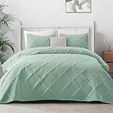 Exclusivo Mezcla Full Queen Size Quilt Set with Modern Striped Pattern, 3 Pieces Lightweight Light Green Quilts Bedding Set, Soft Bedspreads Coverlets for All Seasons