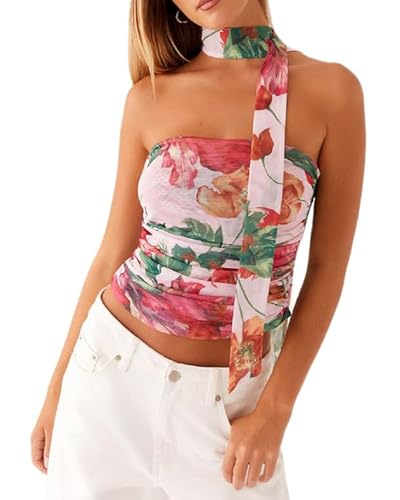 Women Y2k Floral Tube Top Strapless Backless Mesh Halter Tops Sleeveless Bandeau Tank Top with Scarf Aesthetic Graphic Streetwear (A-Pink, L)