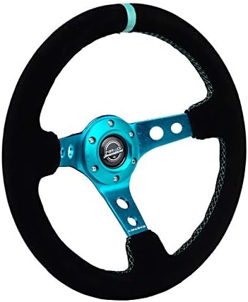 NRG Innovations NRG-RST-006S-TL Reinforced Steering Wheel - 350MM Sport Steering Wheel (3" Deep) - Black Suede Teal Center Mark with Teal Stitching and Teal Center spoke