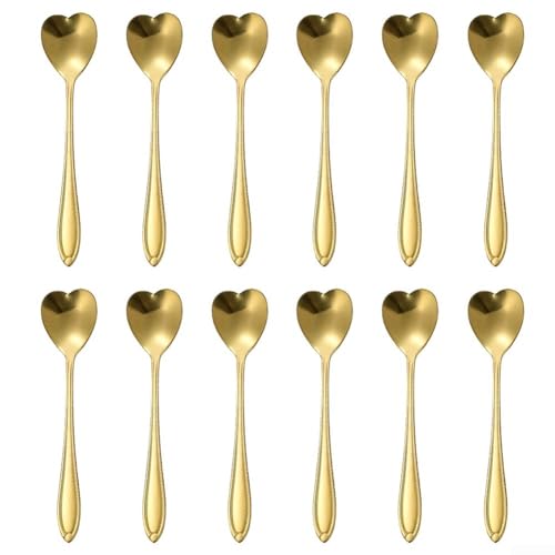 Lot de 12 cuillères à café attrayantes en forme de cœur, fabriquées en acier inoxydable pour les amateurs de café et de dessert (doré)