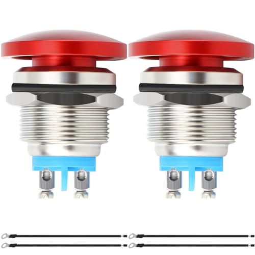 MKBKLLJY 2Pcs 22mm Red Mushroom Head Push Button Switch Momentary Push Button IP65 Waterproof DC 12V 3A AC 110V 5A SPST with Domed Screw and Terminal Wires for Car Boat Truck Dryer Coffee machine
