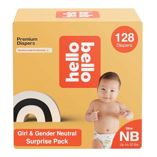 Image of Hello Bello Newborn Premium Diapers, (Size NB - Up to 10 lbs) Surprise Pack for Girls - 128 Count, Hypoallergenic with Soft, Cloth-Like Feel - Assorted Girl & Gender Neutral Patterns
