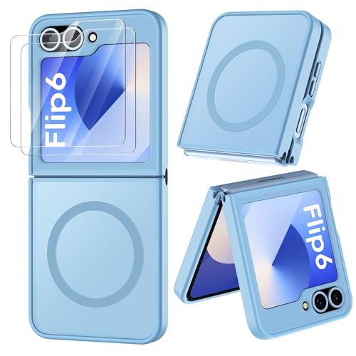 Image of ORETECH Magnetic for Samsung Galaxy Z Flip 7 FE Case Galaxy Z Flip 6, with [2 x Screen Protector] Translucent Back Non-Slip Shockproof Bumper Case for Galaxy Z Flip 7FE / 6 - Sierra Blue