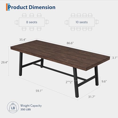 Image of GarveeHome Industrial Dining Table for 8-10 People, 86.61 inch Long Kitchen Table with Sturdy Metal Frame, Rectangular Counter for Dinner, Kitchen, Dining Room (Dark Rustic Birch, 87 inch Non-extendable)