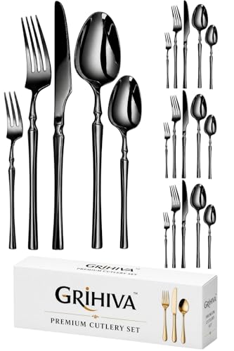 Image of 20 Pcs Black Cutlery Set for Dining Table the Perfect Lightweight Silim Handle Tableware Including Dinner Spoon, Dinner Fork, Dinner Knife, Dessert Spoon & Dessert Fork