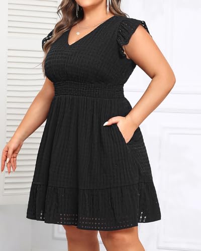 Women's Plus Size Cocktail Dress - Semi Formal V-Neck Flutter Sleeves A-Line Wedding Guest Short Dress with Pockets3