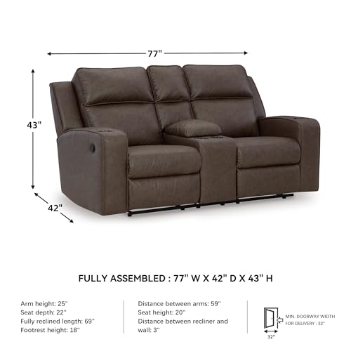 Image of Signature Design by Ashley Wall Hugger Reclining Loveseat with Console | Heavyweight padded faux leather feel, Center console with 4 cup holders and manual pull-tab recline, Lavenhorne Series