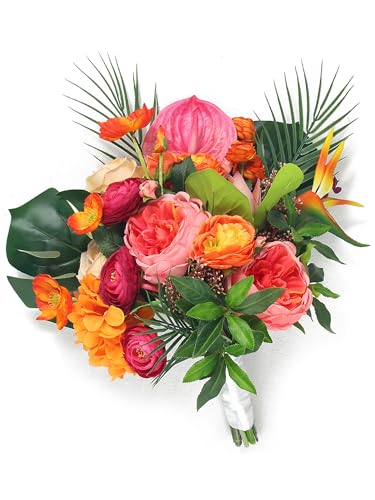 Rinlong 14.5" Wide Tropical Wedding Bouquets for Bride Orange Hot