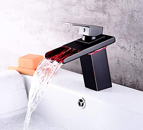 Robinet de lavabo cascade en bronze antique noir avec LED tricolore