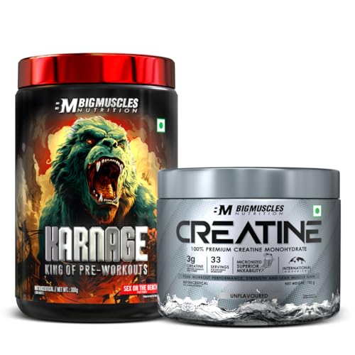 Image of Bigmuscles Nutrition Karnage Pre-Workout (Sex On The Beach, 60 Servings, 300g) and Creatine (Unflavoured, 33 Servings, 102g) Combo