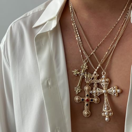 Cross Pendant Necklace Set for Women Punk Grunge Imitation Pearl Cross Layered Chain Necklace Statement Y2K Jewelry3