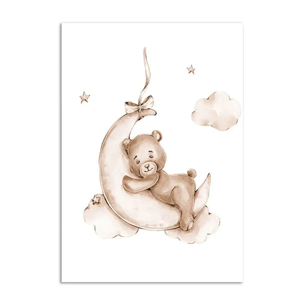 3 Affiche Ourson Chambre Bebe 30x40cm Poster Mural Enfant Garcon Nounours Nuage Ballon Tableau Chambre Bébé Beige Toile Decoration Murale Fille Cadeau sans Cadre (BOGC025-30X40)