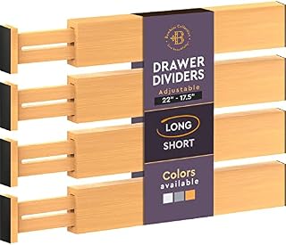 Bambüsi Adjustable Bamboo Drawer Dividers - Expandable Drawer Organizers for Kitchen - Spring Loaded Drawer Separators for Home, Clothes, Office, and Dressers (17.5" to 22) Natural