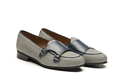 Mocasín de caballero D'Como en azul con doble hebilla de rafia y becerrito 2
