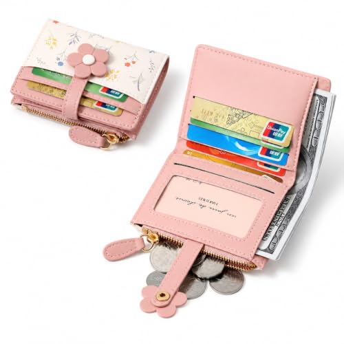Image of Girls Mini Wallet, Floral-Yellow | Compact Wallet, Zipper Coin Pocket, Card Holder, ID Window