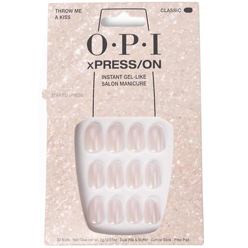 OPI xPRESS/ON Throw Me a Kiss | Pink Shimmer Short Round Press On Nails | With Nail Glue | Long Lasting, Reusable, Non-damaging