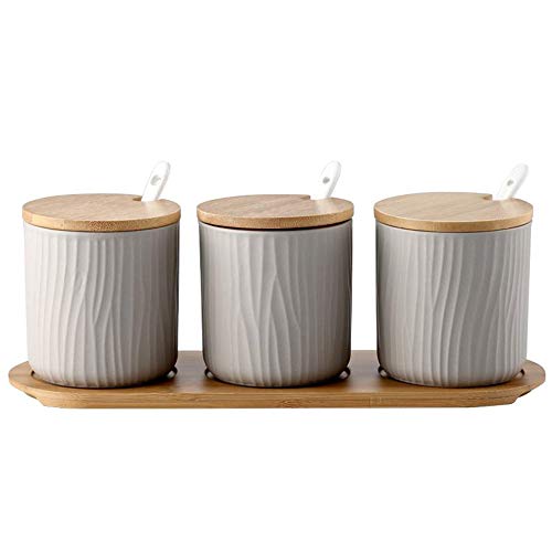 OnePine 3er Set Grau Keramik Gewürzdosen Zuckerdose Keramik Zucker Schüssel mit Löffel und Bambus Deckel für Tee Zucker Salz Gewürze Bei Zuhause und Küche Cover