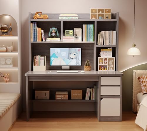 fancyflyデスクと本棚一体型 書棚付きコンビネーション 寝室用 学生向け学習机 書き込み机 家庭用 卓上パソコン机 (120*45*131cm,C)