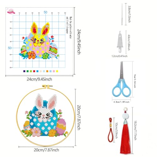 Image of Zhenging Easter Cross Stitch Kit with 4 Bunny & EggPatterns -9.45x9.45 Inch Hoop, Pre-Printed Fabric,Threads, Tools -DlY Easter Craft Gift for Adults, HomeDecor