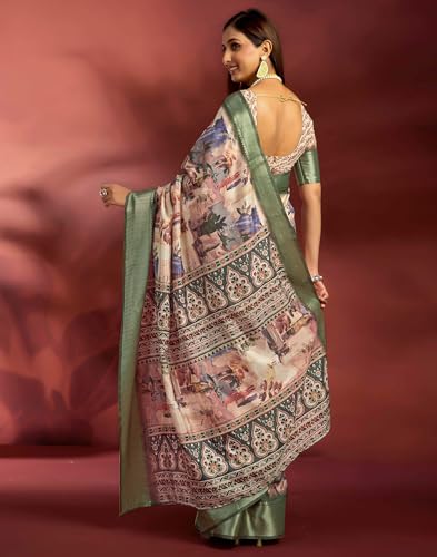 Image of SIRIL Women's Dola Silk Printed Jacquard Border Ready To Wear Saree with Unstitched Blouse Piece