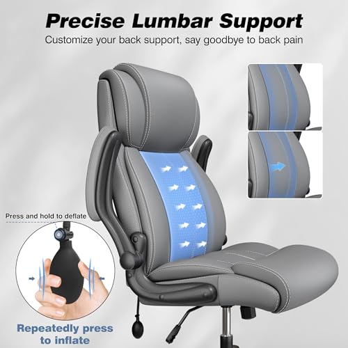 Image of BESTFAIR Ergonomic Office Chair, Adjustable Lumbar Support, High Back, Gray | Inflatable Lumbar for Custom Comfort, Flip-Up Arms, 21 inch Wide Seat, Scratch-Resistant PU Leather, Rocking Function, 4 Pack
