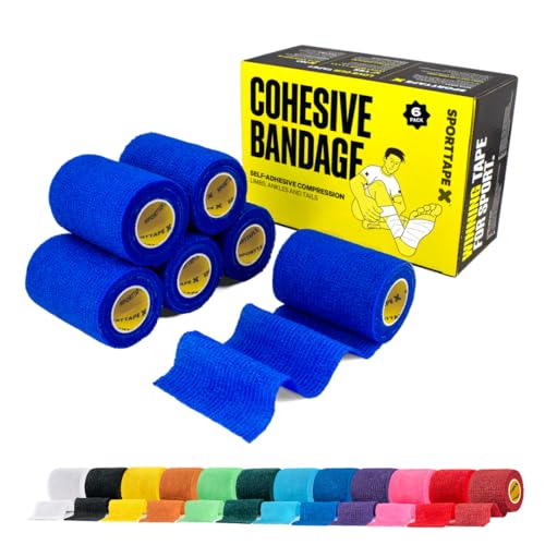 SPORTTAPE 6 Rolls Self-Adhesive Cohesive Bandage, 7.5cm x 4.5m, Blue - Compression & Vet Wrap for Dogs, Horses, Sports Stretch Tape for Football, Ankles, Joints, Fingers, Wrists & Sock Tape