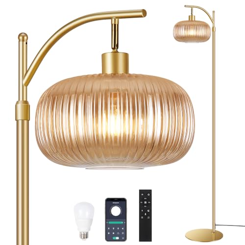 Image of Glass Floor Lamp for Living Room, Bedroom, Gold Tall Lamp with Amber Shape