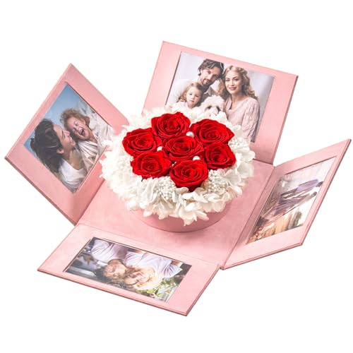 Eterfield Forever Flowers 7-Piece Preserved Roses in an Explosion Box Preserved Flowers for Delivery Prime Gifts for Wife Mother Mothers Day Valentines Day (Red Roses, Square Pink Box)