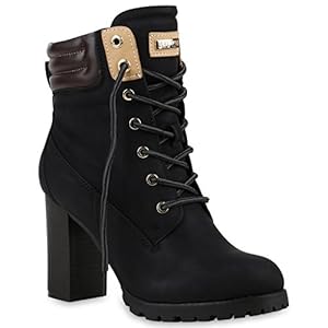 Damen Worker Boots Stiefeletten High Heels Outdoor Booties Schnürstiefeletten Wildleder-Optik Schuhe 128479 Schwarz Gefüttert 37 Flandell