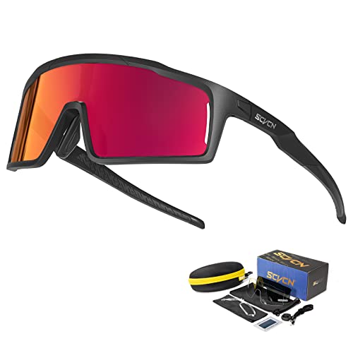 SCVCN Cycling Glasses Polarized with 3 Interchangeable Lenses for Men Women UV400 Protection MTB Bike Running Driving Fishing Golf Cycle 01 Red Black
