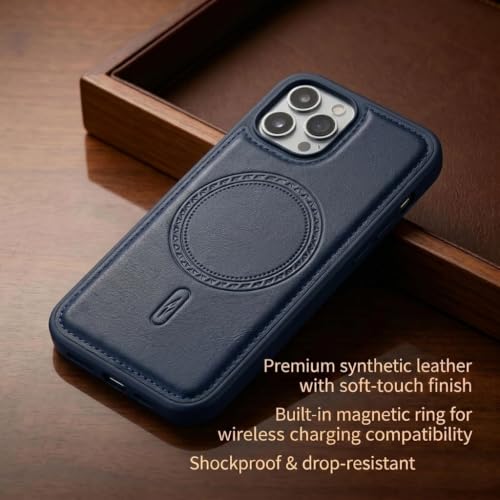 Image of amazon basics Premium PU Leather Case for iPhone 13 Pro Max, MagSafe Compatible Magnetic Ring, Sleek Protective Back Cover - [Blue]