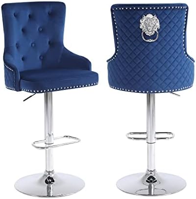 Chummaven Velvet Adjustable Swivel Barstools Set of 2 with High Tufted Back, Modern Counter Height Stools with Chrome Base Footrest Pull Ring Rivet Trim for Kitchen, Dining Room, Pub (Dark Blue)