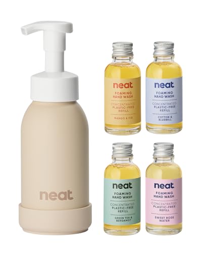 Neat Eco-Friendly Foaming Hand Wash Discovery Kit (Stone Refillable Handwash Dispenser 300ml + 4 Hand Soap Refills) Dermatologically Approved for Sensitive Skin - Liquid Soap Set for Home & Workplace
