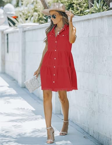Image of luvamia Women's Casual Summer Lapel Sleeveless Button Down Short Denim Jean Dress