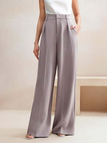 Image of KOTTY Women's High Waist Wide Leg Trousers | Solid Relaxed Fit Pants for Office, Casual Soft Flowing Polyester Blend Pants for Women